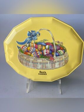Vintage See’s Candies Yellow Easter Basket Decorative Collectors Tin